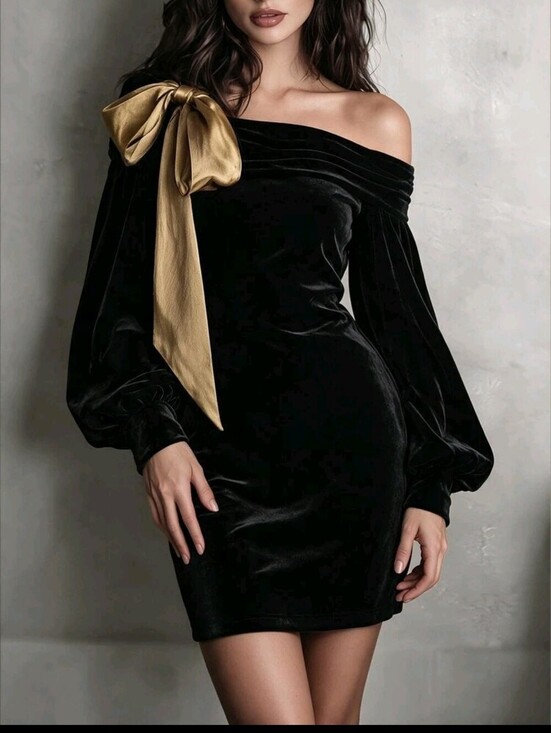 Dresses & Skirts - Women's Autumn New Black Velvet & Gold Satin Patchwork Bow Off-Shoulder